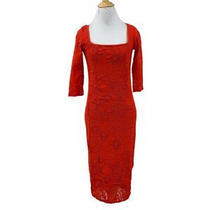Fuzzi by Jean Paul Gaultier Dress S Small Red Orange Lace Square Neck Bodycon